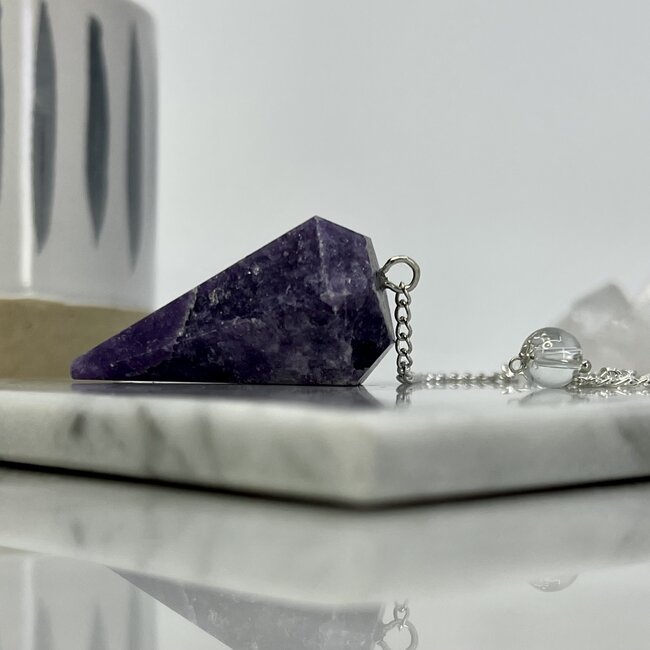 Lepidolite Pendulum-Dowsing Hexagonal Faceted Cone Point Divination-Silver Chain-Crystal Gemstone Lithium