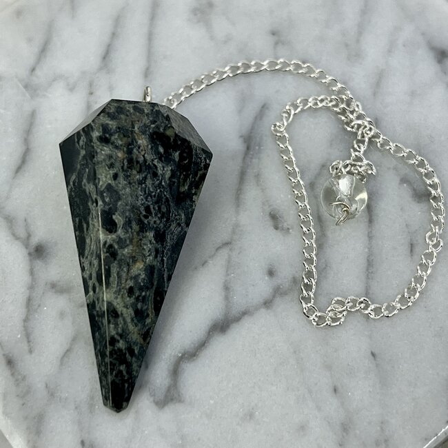 Crocodile (Kambaba) Jasper (Green Stromatolite) Pendulums - Dowsing Hexagonal Faceted Cone Point Divination - Silver Chain - Crystal Gemstone