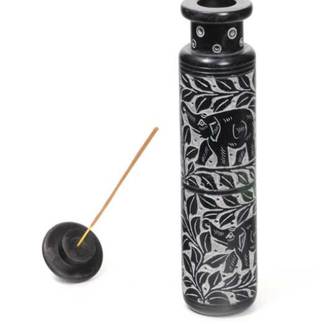 Incense Stick Burner Holder - Black Elephant Soapstone Tower Round