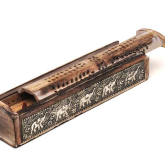 Incense Burner Coffin - Box Ash Catcher Cone Stick - Multi Purpose - Elephant Wood Metal