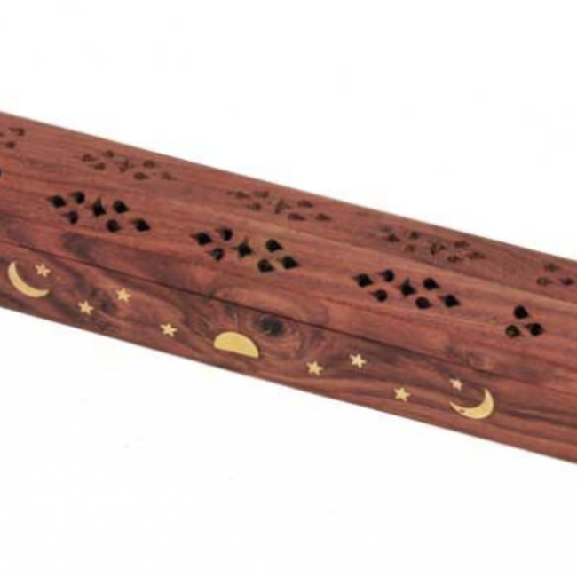 Wood Incense Burner Coffin - Box Ash Catcher Cone Stick - Multi Purpose - Moon & Stars