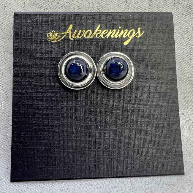 Blue Sapphire (Star) Earrings-Round Bezel Set Studs Sterling Silver