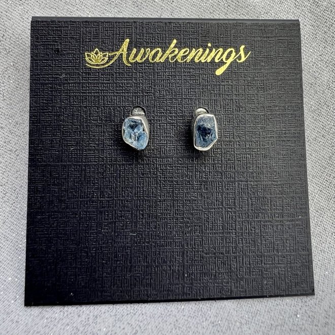 Aquamarine Earrings - Rough Bezel Stud Set - Sterling Silver Raw Natural