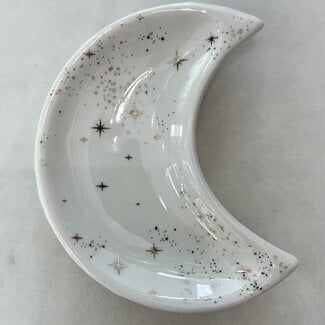 Crescent Moon Dish-White & Gold Jewelry Ring Crystal Ceramic Trinket- 4"