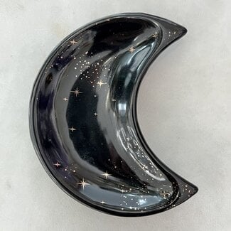 Crescent Moon Dish-Black & Gold Jewelry Ring Crystal Ceramic Trinket- 4"