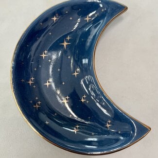 Crescent Moon Dish-Blue & Gold Jewelry Ring Crystal Ceramic Trinket- 4"