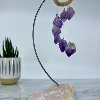 Amethyst Points on Rose Quartz Slab Desk Chime  - 7.5" - Home Decor Rough Raw Natural