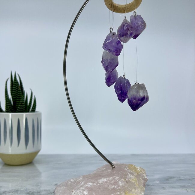 Amethyst Points on Rose Quartz Slab Desk Chime  - 7.5" - Home Decor Rough Raw Natural