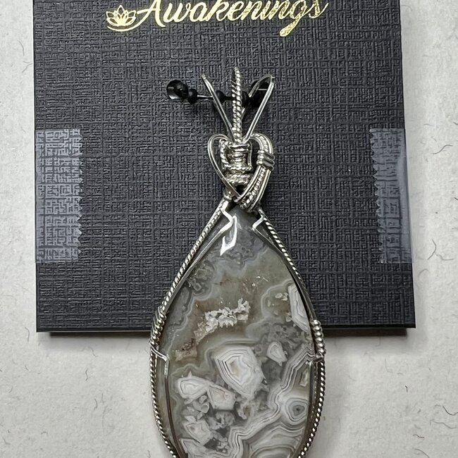 Crazy Lace Agate Teardrop Pendant & Necklace Handmade Wire Wrapped-Sterling Silver Chain 18"