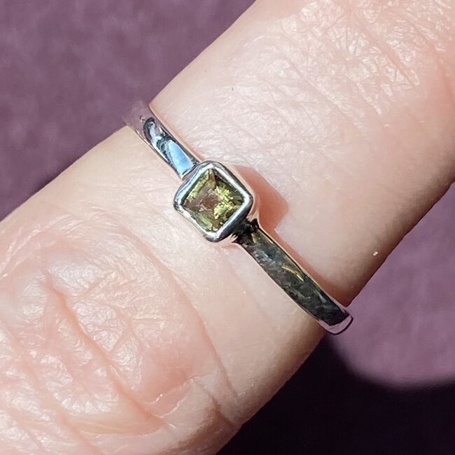 Moldavite Ring-Size 6 Faceted Square - Sterling Silver