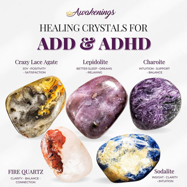 ADD & ADHD - Crystal Kits Set Bundle Pack - Crazy Lace Agate Lepidolite Charoite Fire Quartz Sodalite
