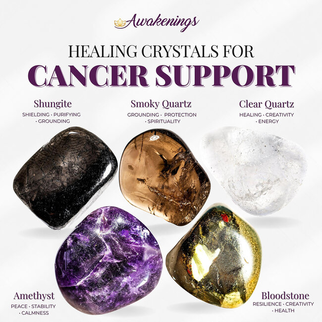 Cancer Support - Crystal Kits Set Bundle Pack Shungite Smoky Quartz Clear Quartz Amethyst Bloodstone