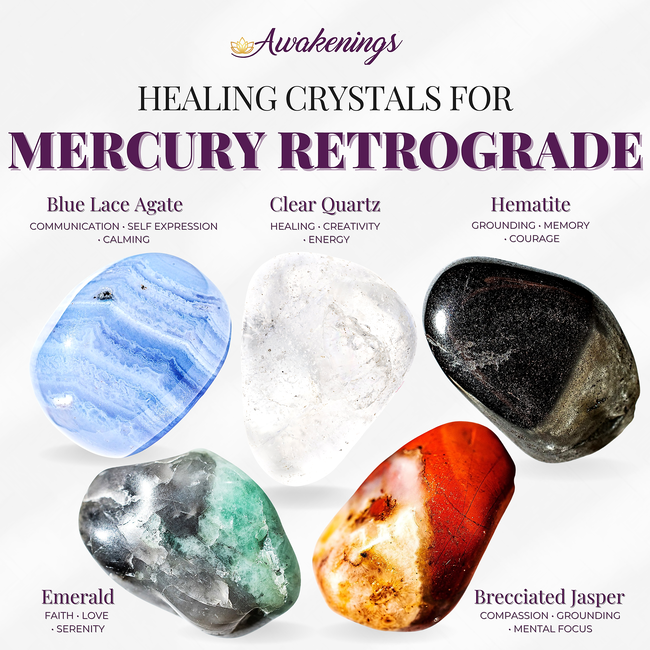Mercury Retrograde - Crystal Kits Set Bundle Pack - Blue Lace Agate Clear Quartz Hematite Brecciated Jasper Emerald