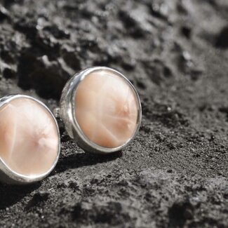 Pink Natrolite Earrings - Round Stud - Sterling Silver