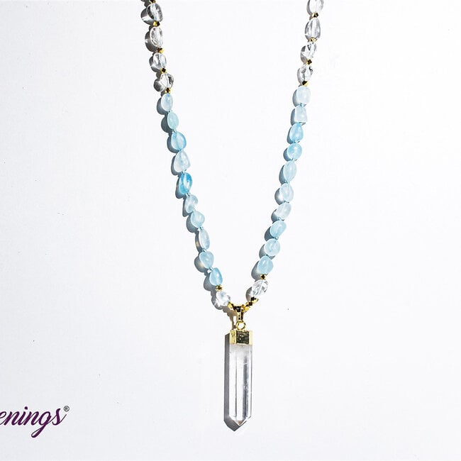 Aquamarine Beaded Necklace with Clear Quartz Point Gold - 16.5" Mala