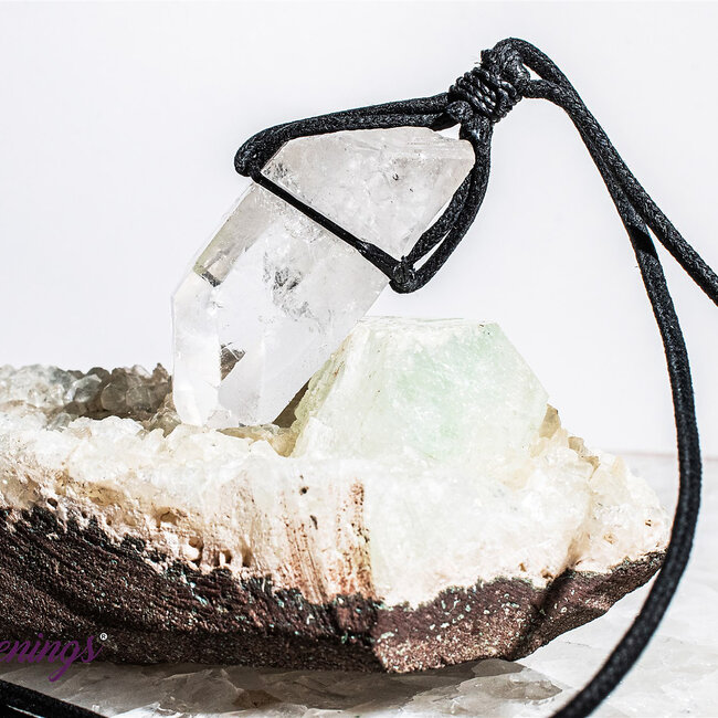 Clear (Crystal) Quartz Rough Point Necklace - Black Wax Cord Adjustable
