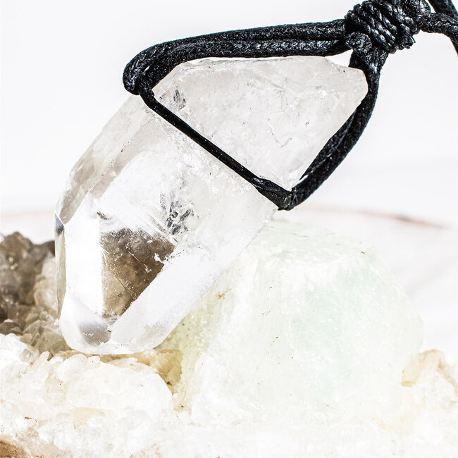 Clear (Crystal) Quartz Rough Point Necklace - Black Wax Cord Adjustable