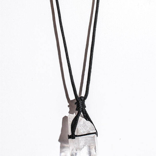 Clear (Crystal) Quartz Rough Point Necklace - Black Wax Cord Adjustable