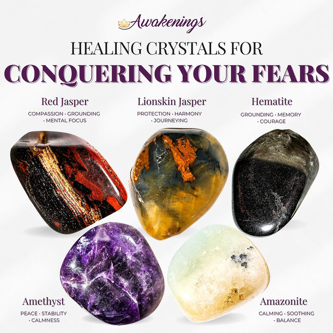 Conquer Your Fears - Crystal Kits Set Bundle Pack - Red Jasper, Unakite Jasper, Hematite, Amethyst, Amazonite