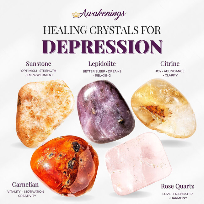 Depression - Crystal Kits Set Bundle Pack Sadness - Sunstone Carnelian Citrine Lepidolite Rose Quartz