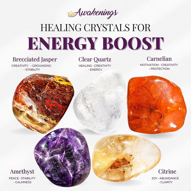 Energy Boost - Crystal Kits Set Bundle Pack - Brecciated Red Jasper Clear Quartz Carnelian Citrine Amethyst