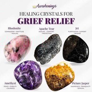 Grief Relief - Crystal Kits Set Bundle Pack - Rhodonite Apache Tear Jet Amethyst Picture Jasper