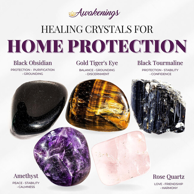 Home Protection - Crystal Kits Set Bundle Pack Black Obsidian Gold Tigers Eye Black Tourmaline Amethyst Rose Quartz