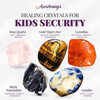 Kids Security - Crystal Kits Set Bundle Pack - Black Tourmaline Carnelian Rose Quartz Gold Tigers Eye Sodalite