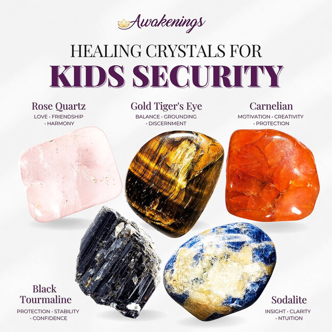 Kids Security - Crystal Kits Set Bundle Pack - Black Tourmaline Carnelian Rose Quartz Gold Tigers Eye Sodalite