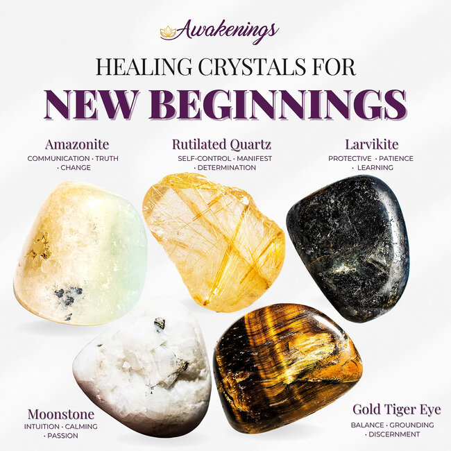 New Beginnings - Crystal Kits Set Bundle Pack - Amazonite Rutilated Quartz Larvikite Moonstone Gold Tigers Eye
