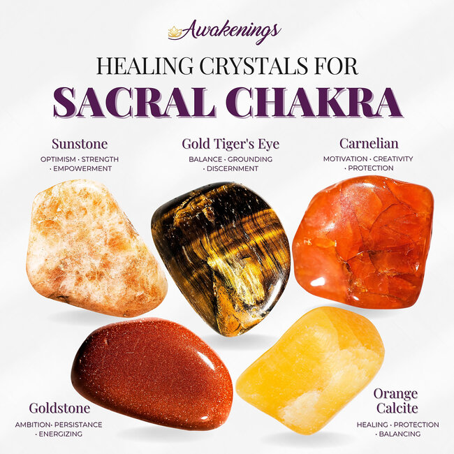 Sacral Chakra - Crystal Kits Set Bundle Pack - Sunstone Gold Tigers Eye Carnelian Goldstone & Orange Calcite