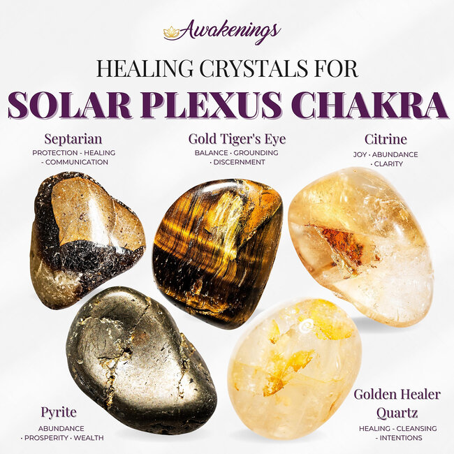 Solar Plexus Chakra - Crystal Kits Set Bundle Pack - Septarian Gold Tigers Eye Citrine Golden Healer Quartz & Pyrite
