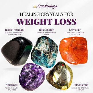 Weight Loss - Crystal Kits Set Bundle Pack - Black Obsidian, Blue Apatite, Carnelian, Amethyt, Bloodstone