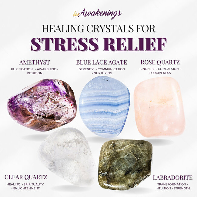 Stress Relief - Crystal Kits Set Bundle Pack Calm Amethyst Blue Lace Agate Rose Quartz Labradorite Clear Quartz