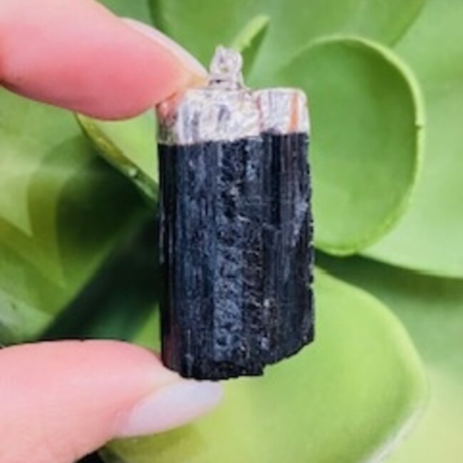 Black Tourmaline Pendants - Rough Raw Natural - Silver Plated Cap (1-2")