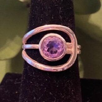 Amethyst Loop Ring - Size 6 Faceted Round - Sterling Silver