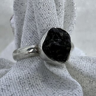 Black Tourmaline Ring-Size 7 Rough Bezel Set-Sterling Silver Natural Raw
