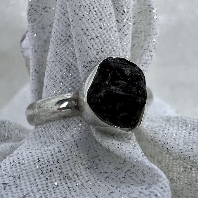 Black Tourmaline Rings - Size 7 Rough Bezel Set - Sterling Silver Natural Raw