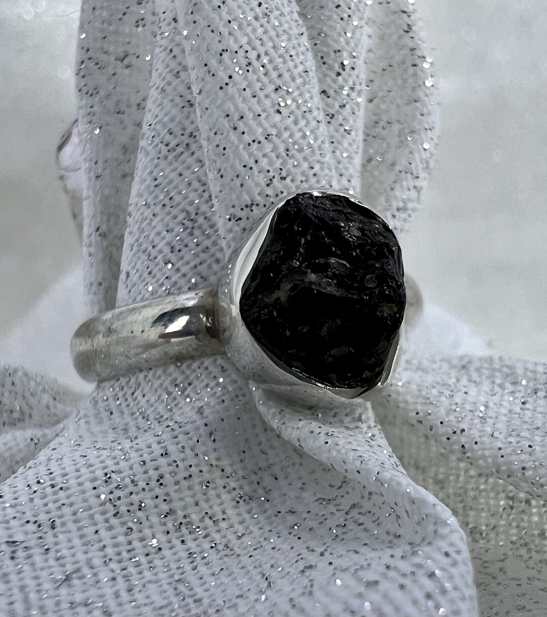 Black Tourmaline Ring Size 7 Rough Bezel Set Sterling Silver