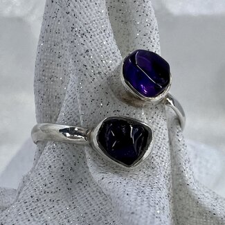 Amethyst Ring-Adjustable (Size 5-6) Rough Two Stone-Sterling Silver Raw Natural