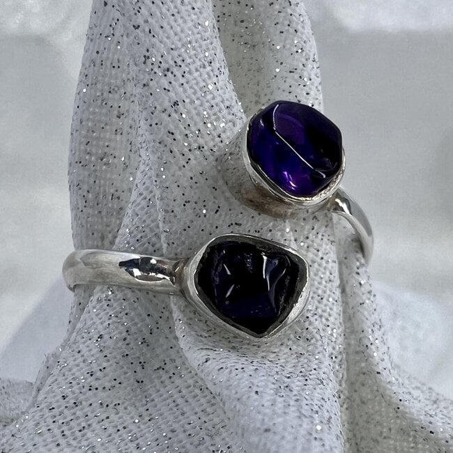 Amethyst Rings -Adjustable (Size 5-6) Rough Two Stone - Sterling Silver Raw Natural