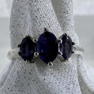 Iolite/Water Sapphire Ring-Size 8 Triple Faceted Oval-Sterling Silver