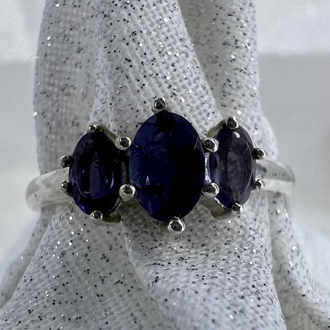 Iolite/Water Sapphire Ring-Size 6 Triple Faceted Oval-Sterling Silver