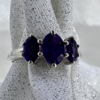 Amethyst Ring-Size 8 Triple Faceted Oval-Sterling Silver