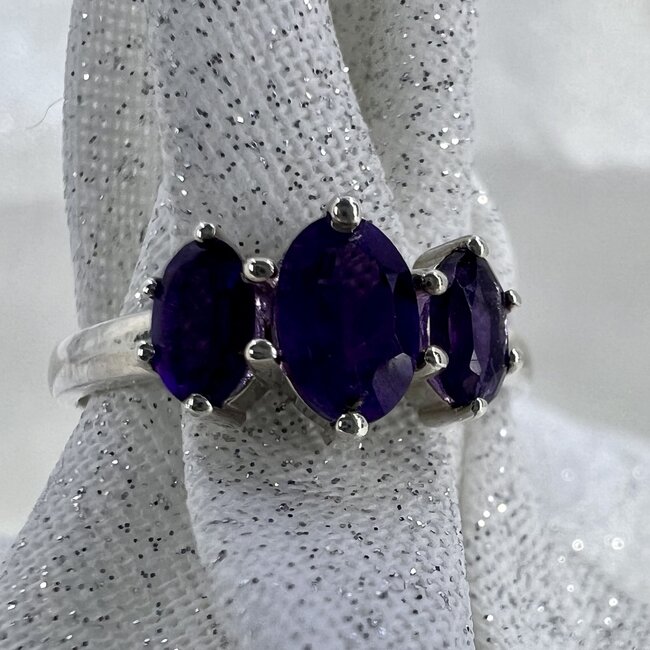 Amethyst Ring-Size 8 Triple Faceted Oval-Sterling Silver