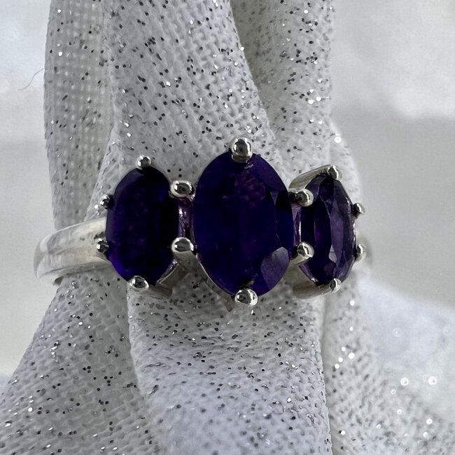 Amethyst Ring-Size 7 Triple Faceted Oval-Sterling Silver