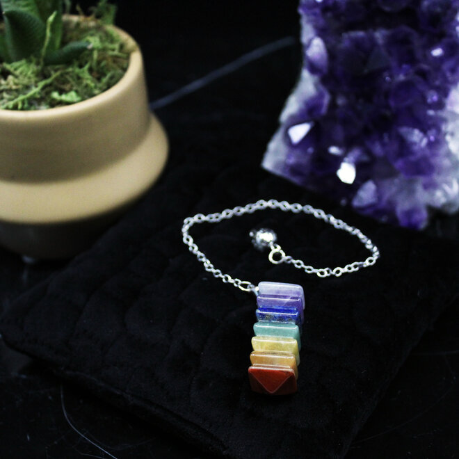 Chakra Stacked Pendulum-4 Sided-Dowsing Divination-Silver Chain-Crystal Gemstone