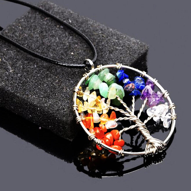 Chakra Tree of Life Necklace-Natural Stone-Wax Cord Silver
