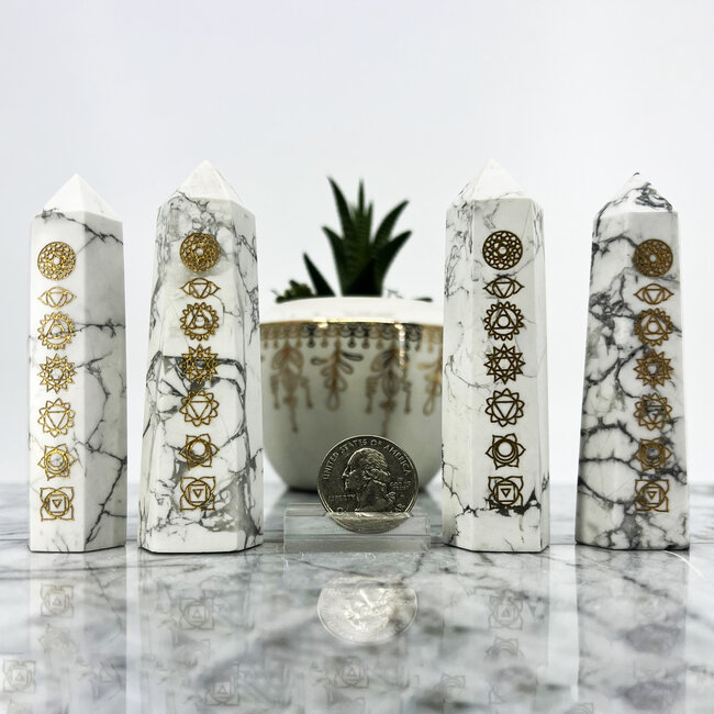 Howlite (Magnesite) Gold Chakra Engraved Towers Points Generators - Medium 3-4"