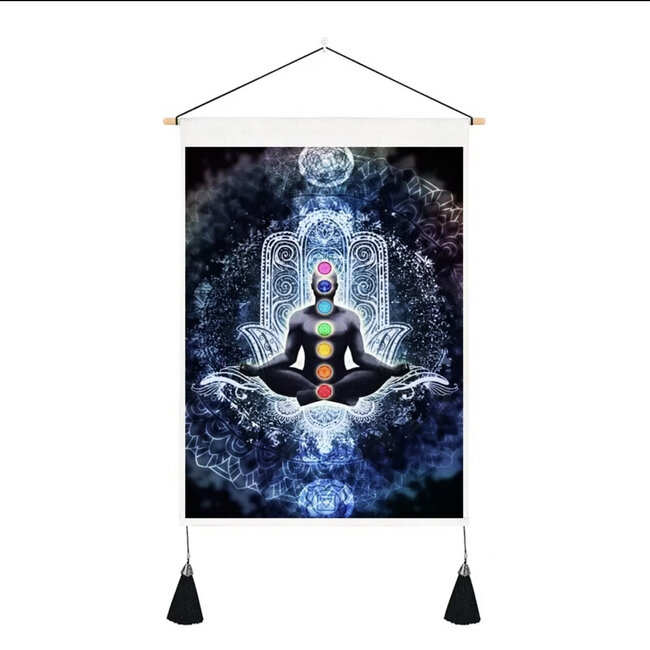 Tapestry Banner/ Wall Hanging Decor - Body Outline w/ Chakra Colors inside Hamsa Hand- Small 19in x 13.75in